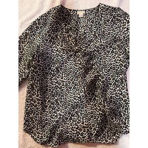 J.Crew Blouse Top Women's M Multicolor Leopard Print V-Neck Pullover Long Sleeve